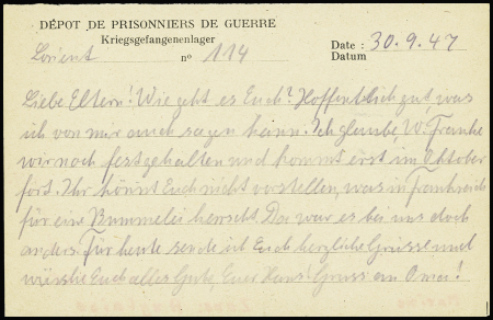 3 formules de prisonniers allemands au dépôt de PGA 114 de Lorient (1947 - 1948) avec 2 cachets différents. TB