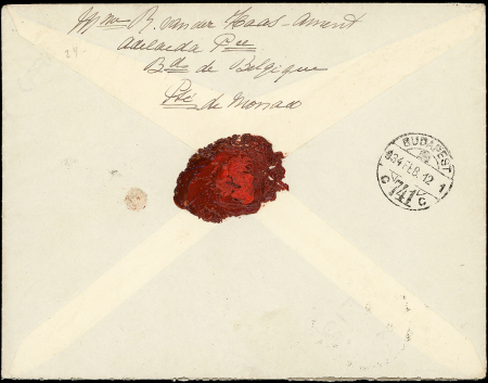 POSTE AERIENNE N°1 1f.50 s. 5f., BLOC de 4 obl. càd MONTE CARLO 9/2/34 s. Env. Rec., arr. BUDAPEST, TB
