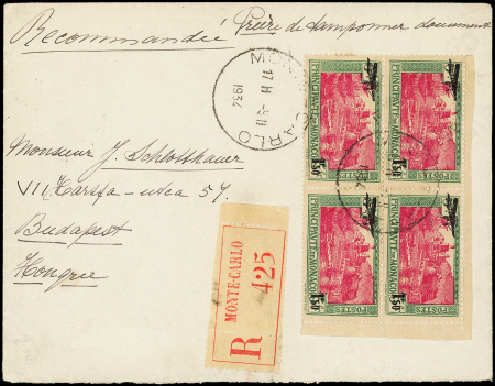 POSTE AERIENNE N°1 1f.50 s. 5f., BLOC de 4 obl. càd MONTE CARLO 9/2/34 s. Env. Rec., arr. BUDAPEST, TB