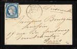 France N°60 25c. bleu obl. càd T18 MONACO PRINCIPAUTE 11/6/1876 s. Env., arr. PARIS 13/6, TB