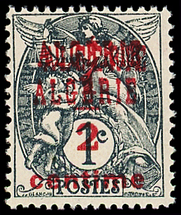 N°1a 1/2c sur 1c ardoise, TRIPLE surcharge ALGERIE, neuf **, TB