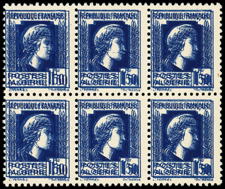 N°214a 1f.50 bleu, BLOC de 6, DOUBLE impression, neuf **, TB
