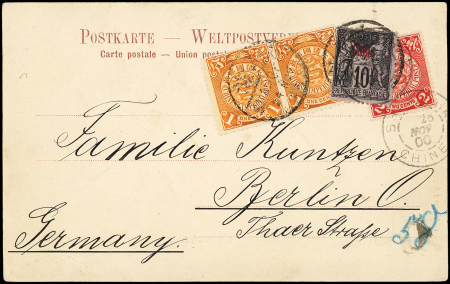 N°4 10c noir sur lilas obl. SHANG-HAI 28/11/00 s. CP, MIXTE avec 1c. (paire) et 2c. de Chine, obl. Shanghai 24/11, pour BERLIN, TB