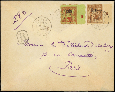 N°7 + 9 20c Mill.0 et 30c. Mill.9 obl. càd PEKIN 20/7/03 s. Env. Rec., arr. Paris 30/8, TB