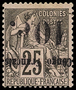 N°5c 10c sur 25c noir sur rose, surcharge RENVERSEE,
