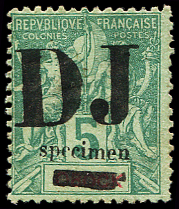 N°1h 5c vert, surch. SPECIMEN, nsg, TB