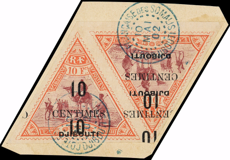N°33a 10c sur 10f orange et lilas, PAIRE DOUBLE surch.,