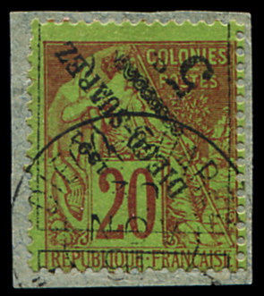 N°12a 5c sur 20c brique sur vert, surcharge RENVERSEE,