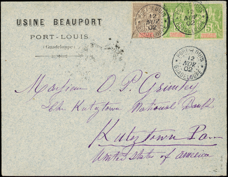 N°40 PAIRE et 42 obl. càd PORT LOUIS GUADELOUPE 12/11/02 s. Env., passage PORT of SPAIN 21/11, NEW YORK 8/12 et arr. KUTZTOWN 9/12, TB