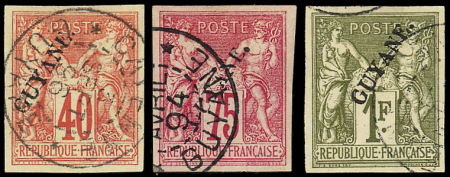 N°13/15 40c., 75c. et 1f., Sage, surch. de 1892 obl., TB