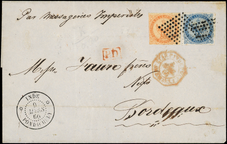 Col. Gen. N°4 et 5, 20c. et 40c. obl. Losange s. LSC, càd INDE PONDICHERY 9/3/66, arr. Bordeaux, TTB