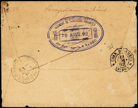 Col. Gen. N°49 et 50, 5c. et 10c. obl. càd Octog. CORR. D. ARM. SADEC 17/8/92 s. Env., arr. CORTE, au dos cachet des Tirailleurs Annamites Sadec, RR, TB