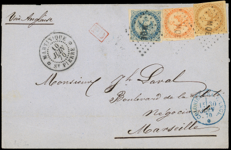 Col. Gen. N°3 10c. bistre (touché), N°4 20c. bleu et N°5 40c. orange (touché), obl. MQE sur LSC, càd ST PIERRE 16/6/70, TB