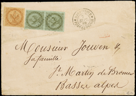 Col. Gen. N°1 1c. olive, PAIRE verticale et N°3 10c. bistre, obl. Losange MQE s. LAC, càd FORT DE FRANCE 7/9/69, arr. Gréoux 25/9/69, TB