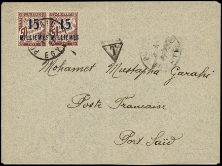TAXE N°8 15m s. 50c lilas, PAIRE obl. PORT SAID 7/12/21
