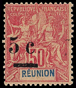 N°53b 5c s. 50c rose, surch. TRES décalée, ancienne