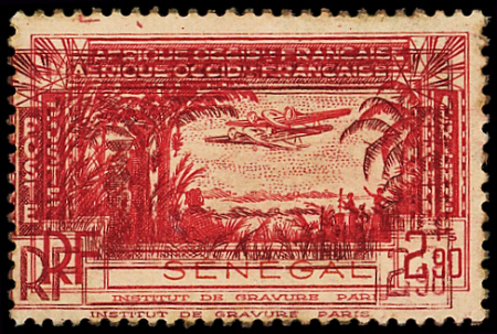 POSTE AERIENNE N°14 2f90 rouge-carminé, DOUBLE impression totale sauf SENEGAL, neuf *, g. coloniale, RR, TB