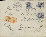 TOGO ALLEMAND N°4 20pf bleu, 3 ex. obl. càd LOME 11/4/99 sur LRec., arr. GRIMMA 25/8/99, TB