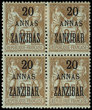 N°30b 20a sur 2f bistre sur azuré, variété ZANZIBAS dans un BLOC de 4, neuf *, TB