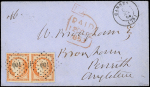 N°5 40c orange, PAIRE obl. PC 601 s. Env., càd T15 CANNES 8/10/53, cachet rouge PAID 12 OCT 1853, arr. càd bleu PENRITH 13 OCT, TB