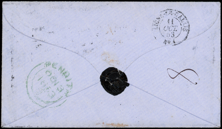 N°5 40c orange, PAIRE obl. PC 601 s. Env., càd T15 CANNES 8/10/53, cachet rouge PAID 12 OCT 1853, arr. càd bleu PENRITH 13 OCT, TB