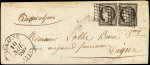 N°3c 20c GRIS-NOIR, PAIRE 1 ex. entamé, obl. GRILLE s. LSC, càd T13 AUBAGNE 10/11/49, RR ainsi