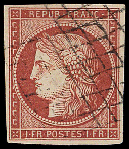 N°6a 1f carmin clair, obl. GRILLE, TTB
