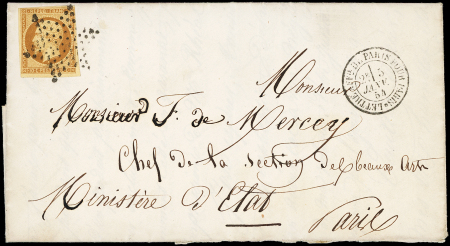 N°9 10c bistre-jaune, obl. Etoile s. LAC, càd LETTRE AFFie DE PARIS POUR PARIS 5/1/54, TTB