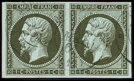 N°11 1c vert-olive, PAIRE obl. càd T15 MARSEILLE 11/5/61, frappe très légère, TTB