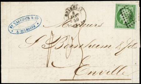 N°12 5c vert, obl. PC 2199 s. LAC locale, càd T15 MULHOUSE 4/1/59, Taxe 0,05 plume, TB
