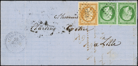 N°12 et 13A, 5c PAIRE petite fente et 10c, obl. PC 1223 s. LSC, càd T22 ETROUNGT 23/3/60, très bonne combinaison, TB. J