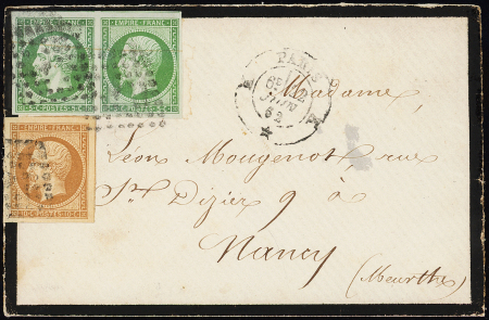 N°12 et 13B, 5c vert PAIRE et 10c bistre, tous grandes marges, obl. Los. K s. Env., càd K PARIS K * 22/1/62, TTB