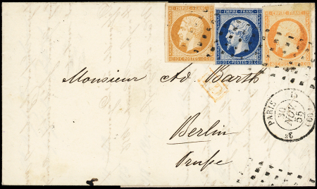 N°13A, 14A (le long du filet) et 16 obl. Roulette de gros points s. LAC, càd 2e PARIS 15 30/11/55 pour BERLIN, TRICOLORE TB