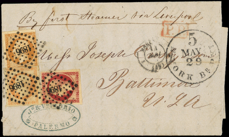 N°13A, 16 et 17A, 10c pli d'archive, 40c et 80c obl. PC 1896 s. LAC de PALERME 1/5, càd Marseille 14/5, passage NY 29/5 pour BALTIMORE, via Liverpool