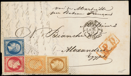 N°13B, 14B pli d'archive, 16 et 17B obl. Pointillés fins s. LSC, càd PARIS 26/6/61, arr. ALEXANDRIE, joli QUADRICOLORE pour une bonne destination, TB