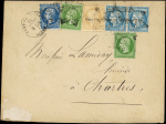 N°14A 20c bleu, T I, PIQUAGE SUSSE + N°20 5c vert (2), N°59 15c. bistre et N°60A 25c. bleu PAIRE, tous obl. Etoile sur Env., càd R. du Pont Neuf 8/1/72
