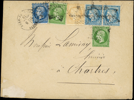 N°14A 20c bleu, T I, PIQUAGE SUSSE + N°20 5c vert (2), N°59 15c. bistre et N°60A 25c. bleu PAIRE, tous obl. Etoile sur Env., càd R. du Pont Neuf 8/1/72