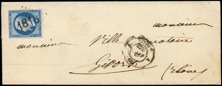 N°14B 20c bleu, T II, obl. GC d'ESSAI GRAS 1818 s. LSC, càd LYON 1862, frappe TTB sur le timbre