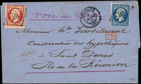N°17Ad 80c VERMILLONNE (entamé en haut) et N°14A obl. PC 441 s. LSC de Bordeaux 9/3/59 à LA REUNION, cert. Calves