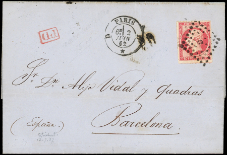 N°17B 80c rose, PERCE en LIGNES, obl. D s. LAC, càd PARIS D 2/6/62, passage càd ESPANA LA JUNQUERA 3/6, arr. BARCELONA 4/6, TB