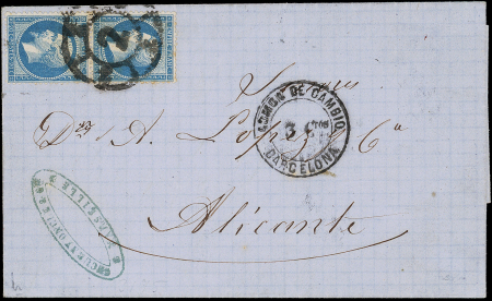 N°22 20c bleu, PAIRE (qqs dc), obl. Roue de chariot 2 sur LAC de Marseille du 15/12/63, cachet ADMON DE CAMBIO/BARCELONA 3c. arr. ALICANTE le 17/12, TB