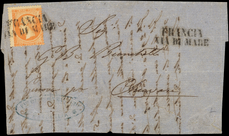 N°23 40c orange, obl. FRANCIA VIA DI MARE sur LAC défse de Marseille, arr. GENOVA 20/1/68, TB