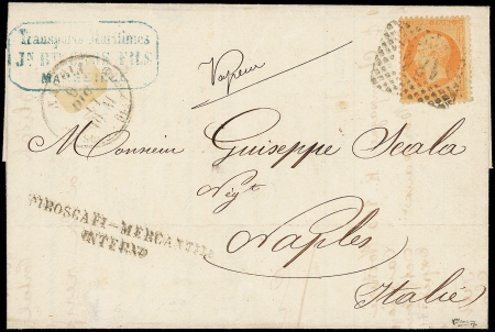 N°23 40c orange, obl. GRILLE 184 ITALIENNE s. LAC de Marseille 30/11/67, càd NAPOLI 6/12 et griffe PIROSCAFI MERCANTILE/INTERNO utilisée par erreur au lieu de ESTERO