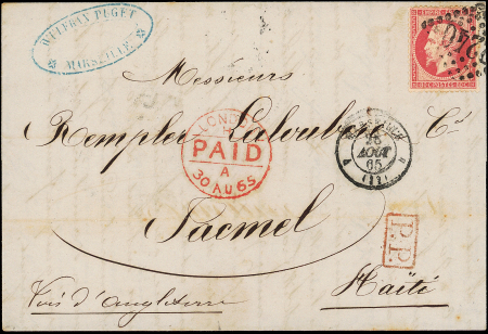 N°24 obl. GC 2240 s. LAC, càd Marseille 28/8/65, passage London 30/8 pour JACMEL HAITI, TB