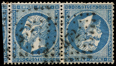 N°22b 20c bleu, TETE-BECHE, obl. PC du GC, petite fente s. ex. sinon TB. S, certif. Goebel