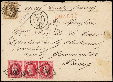 N°30 et 32, 30c. brun et 80c. rose BANDE de 3, obl. GC 496 s. Env. CHARGE, càd T17 BLAYE 13/11/71, collecteur au verso, TTB