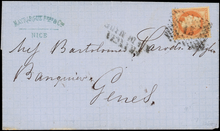 N°31 40c orange, obl. GC ITALIEN s. LAC de Nice 18/11/70, griffe FRANCIA VIA DI MARE, arr. GENOVA 19/11, TB