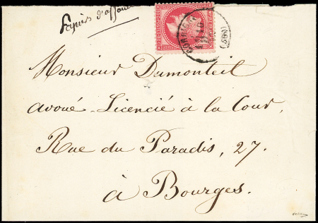N°32 80c rose, obl. càd T16 CORBIGNY 10/5/- s. bande de Papiers d'Affaires, RR et TB