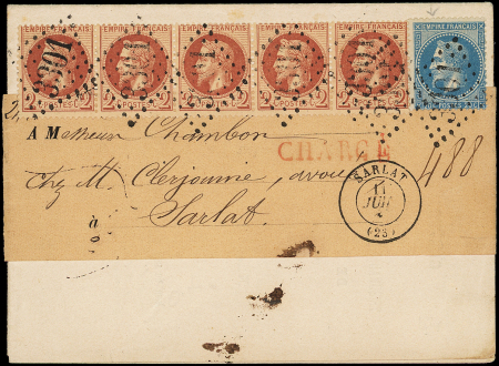 N°26A et 29A, 2c rouge-brun T I BANDE de 5 et 20c. bleu T I, obl. GC 3301 s. Imprimé sous bande du Greffe, càd T15 SARLAT 11/6/68, TTB