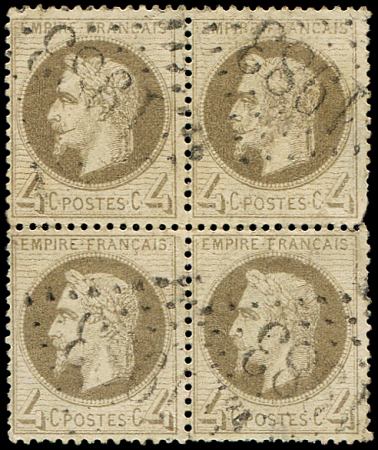 N°27A 4c gris, T I, BLOC de 4, une dent manque, obl. GC 1983, TB